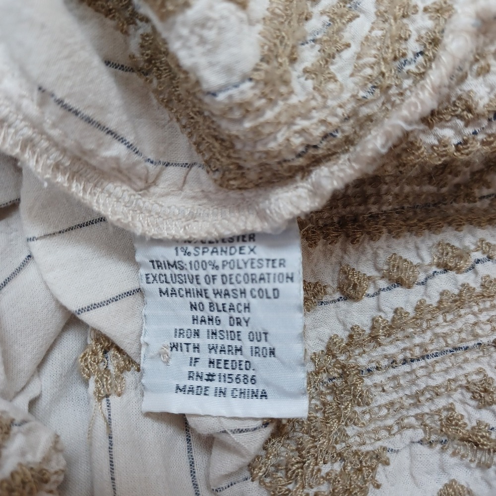 Johnny Was Workshop Embroidered Pinstripe Peasant Blouse Cream Tan Sz L - Picture 11 of 12